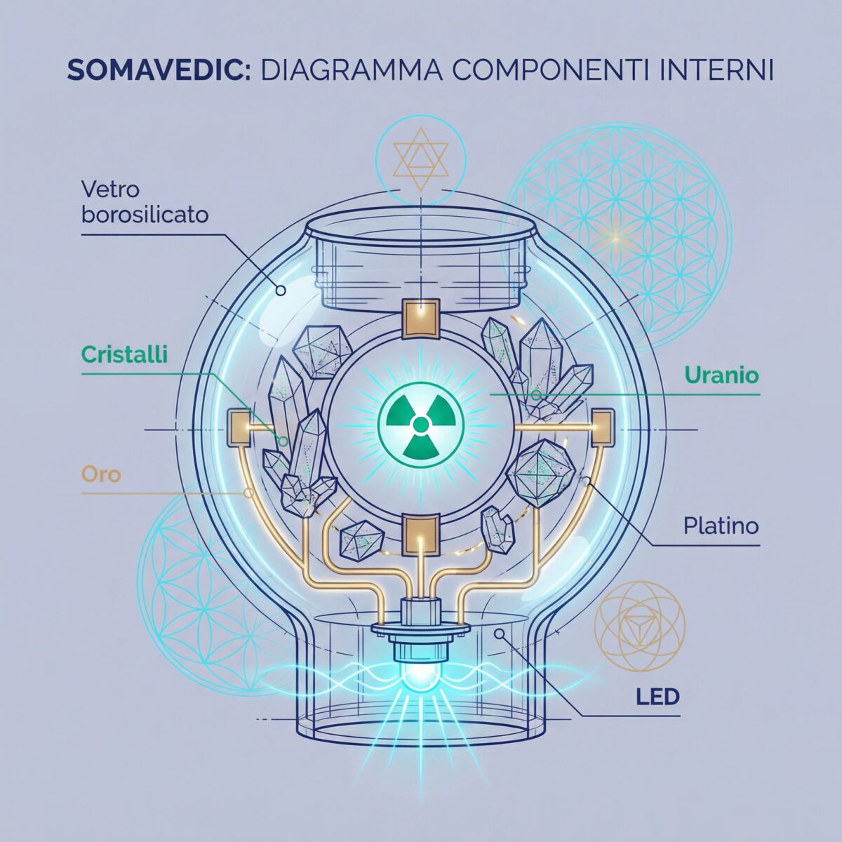 Schema tecnico dei componenti interni del Somavedic: metalli preziosi, pietre e minerale di uranio