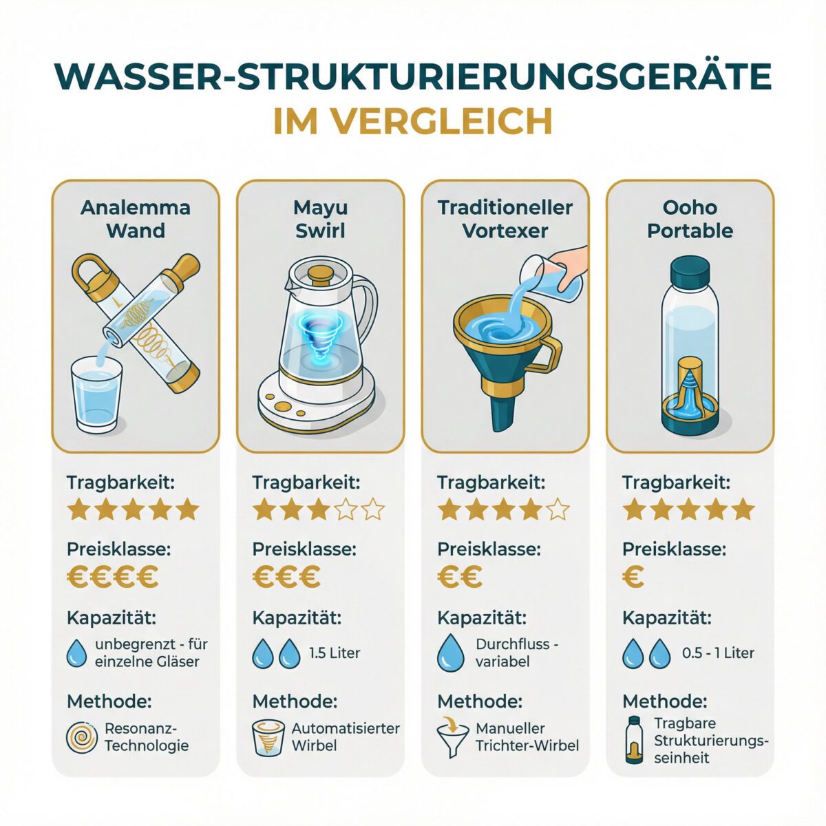 Vergleichs-Infografik: Analemma Wand vs. Alternative Wasserstrukturierungsgeräte – Übersicht Mobilität, Preis und Methoden