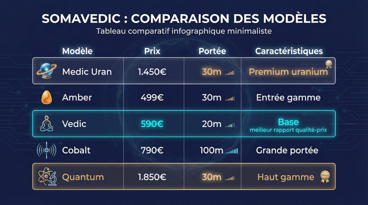 Tableau comparatif des différents modèles Somavedic : prix, portée et caractéristiques spéciales