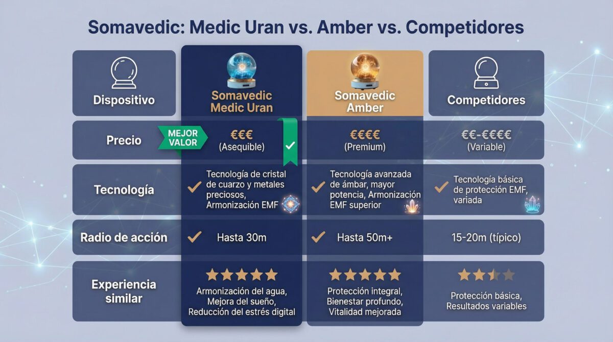 Tabla comparación Somavedic con alternativas: Qi-Home Cell y Leela Quantum Bloc