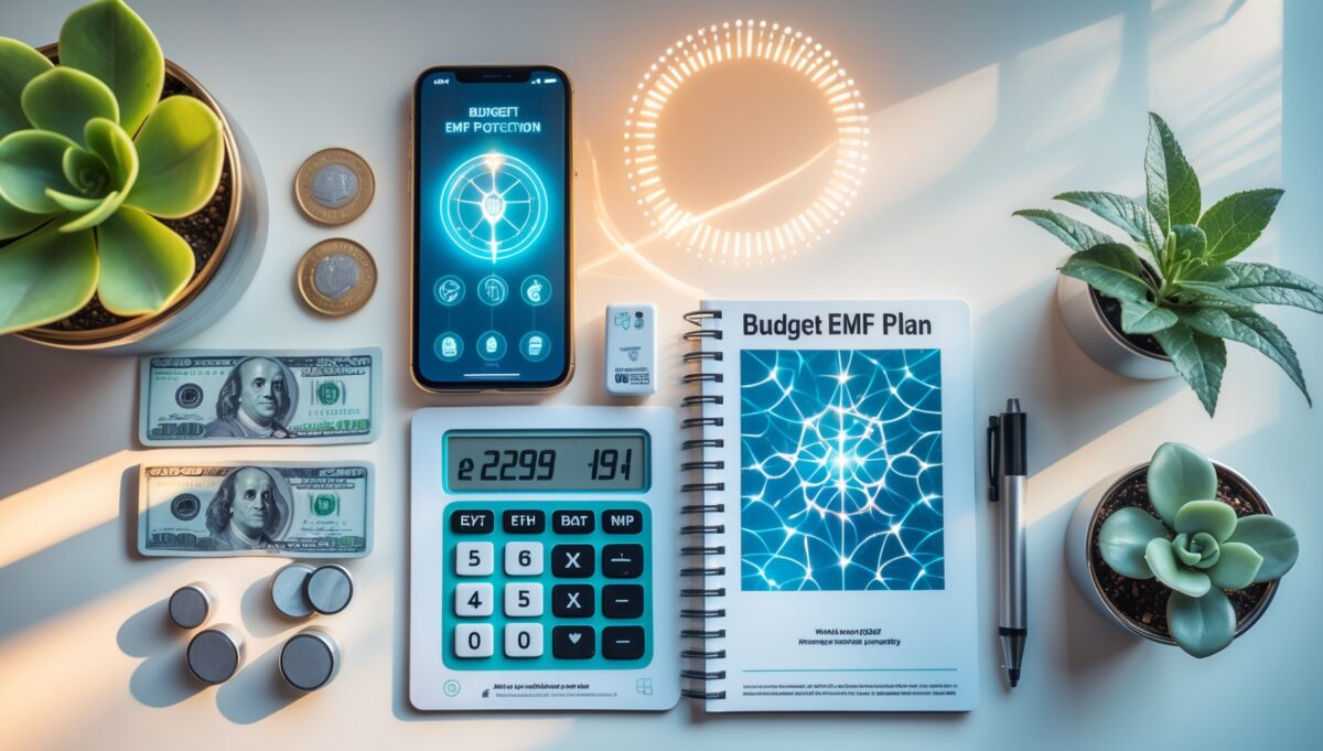 Budget-friendly EMF protection devices and planning materials on white surface showing affordable wellness technology options
