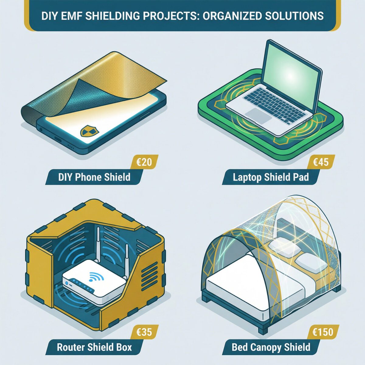 Isometric diagram showing four DIY EMF shielding projects including phone case, laptop shield, router box and bed canopy with budget price labels