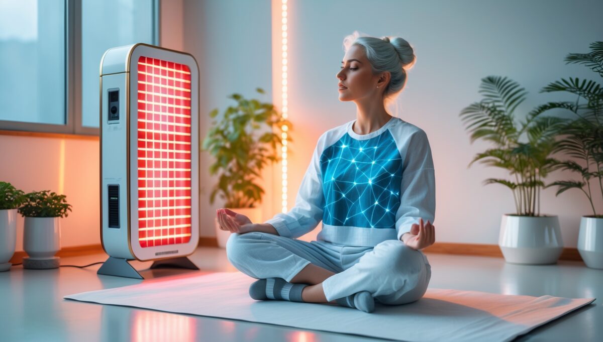 Rotlichttherapie-Anwendung in modernem Wellnessraum mit therapeutischem Rotlichtpanel und entspannter Person