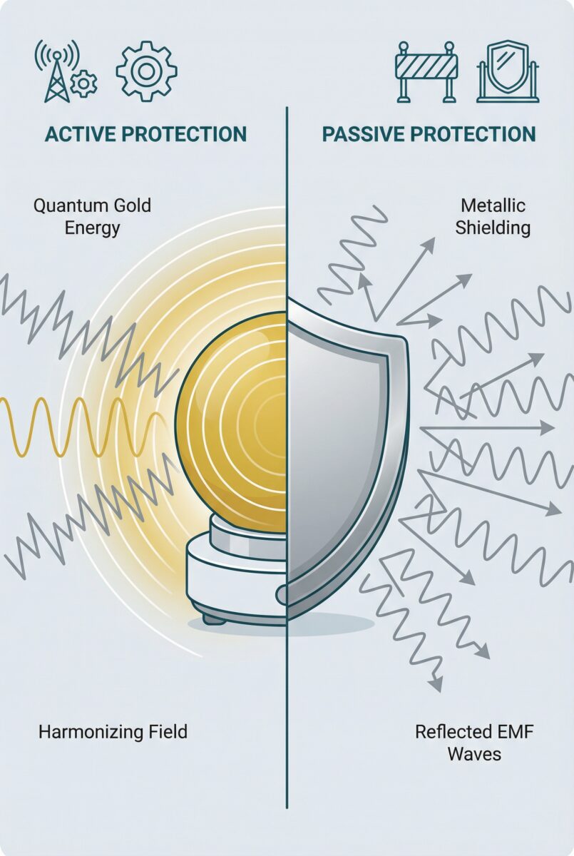 Infographic comparing active EMF harmonization technology versus passive physical shielding methods