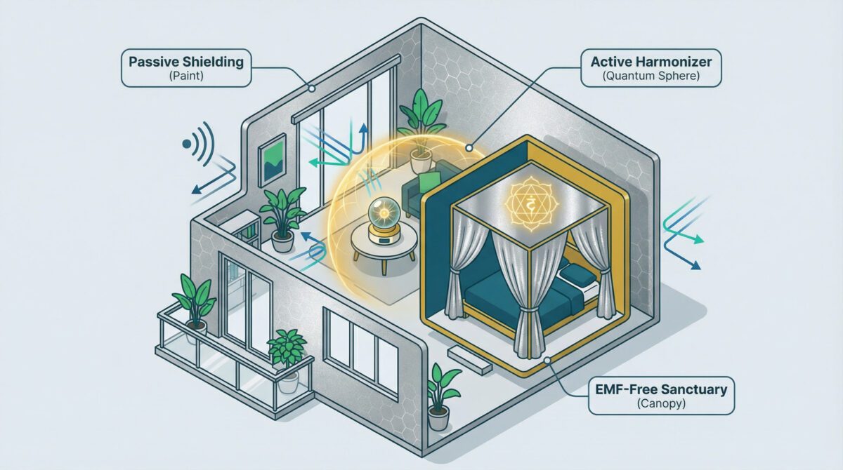 Diagram showing layered EMF protection approach combining passive shielding and active harmonization devices in home environment