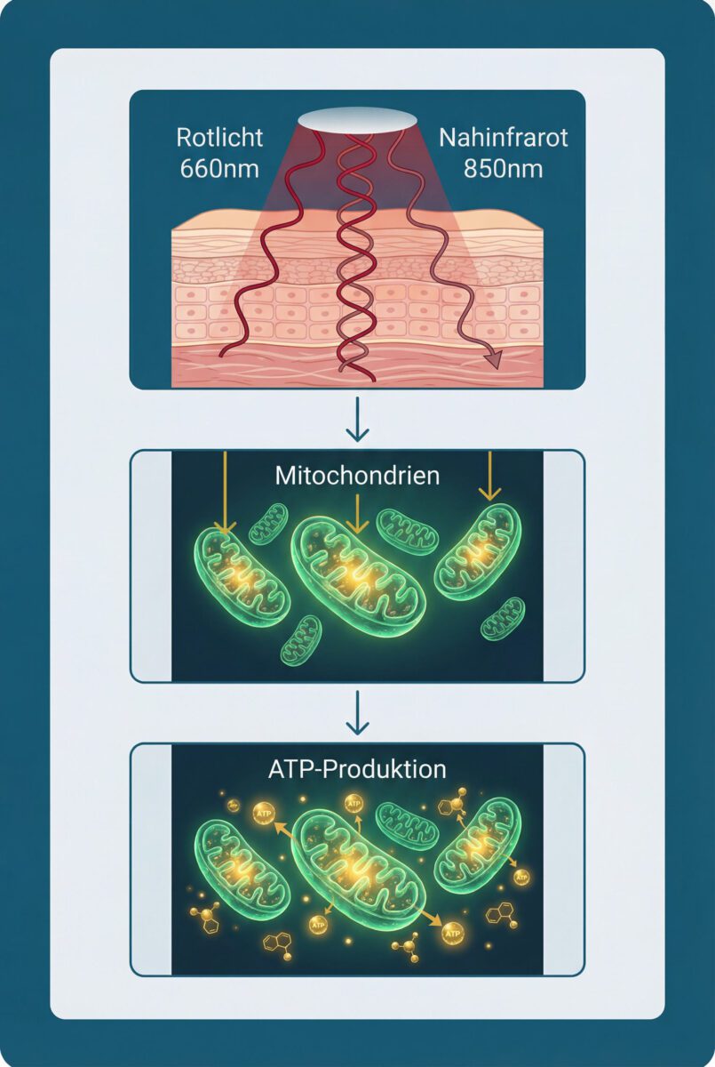 Infografik: Photobiomodulation – Wie Rotlicht (660 nm) und Nahinfrarot (850 nm) die zelluläre ATP-Produktion steigern