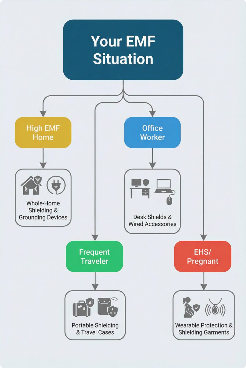 Decision flowchart helping users choose between active and passive EMF protection based on lifestyle and exposure level