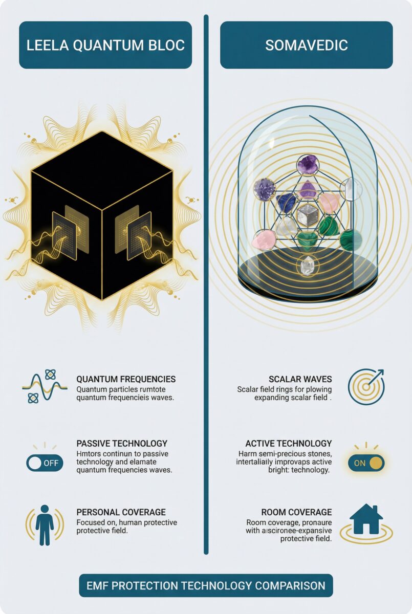 Infographic comparing Leela Quantum Tech frequency card technology versus Somavedic semi-precious stone matrix scalar field technology