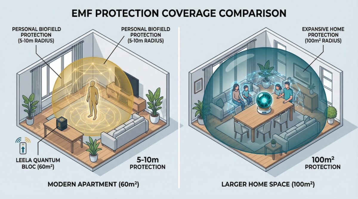 Isometric diagram illustrating coverage area comparison between Leela Quantum Bloc personal biofield protection and Somavedic whole-home 100m² protection radius