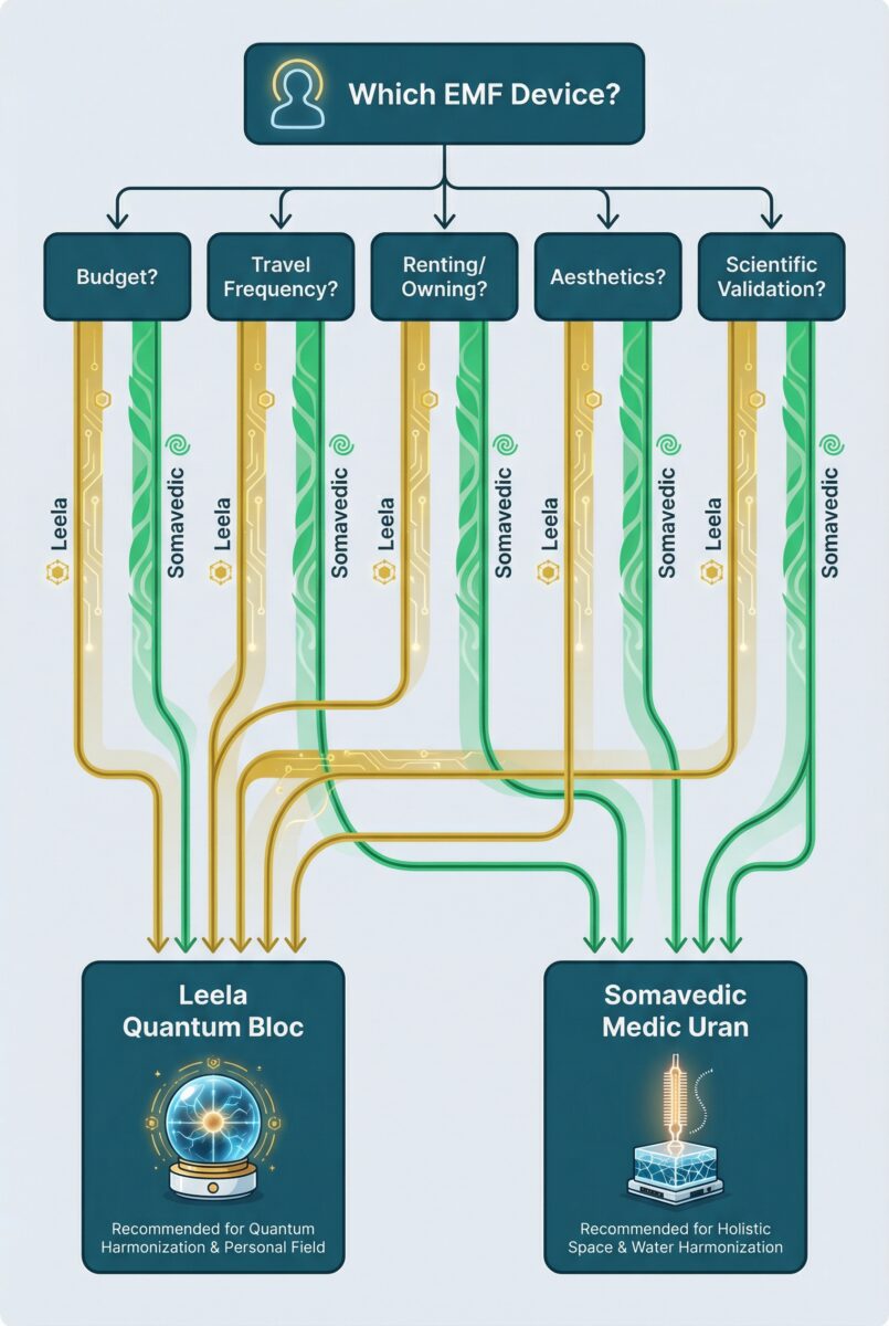 Decision tree flowchart helping users choose between Leela Quantum Tech and Somavedic based on budget, lifestyle, portability, and wellness priorities