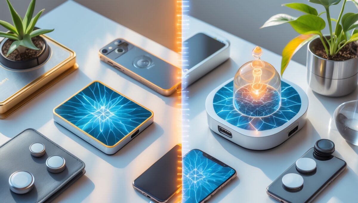 Produktvergleich: Leela Quantum Bloc und Somavedic Medic Uran EMF-Schutzgeräte nebeneinander