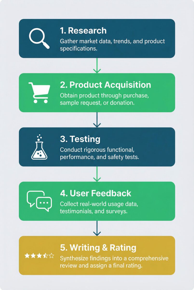 Five-phase EMF product review methodology infographic showing research, acquisition, testing, feedback, and rating steps