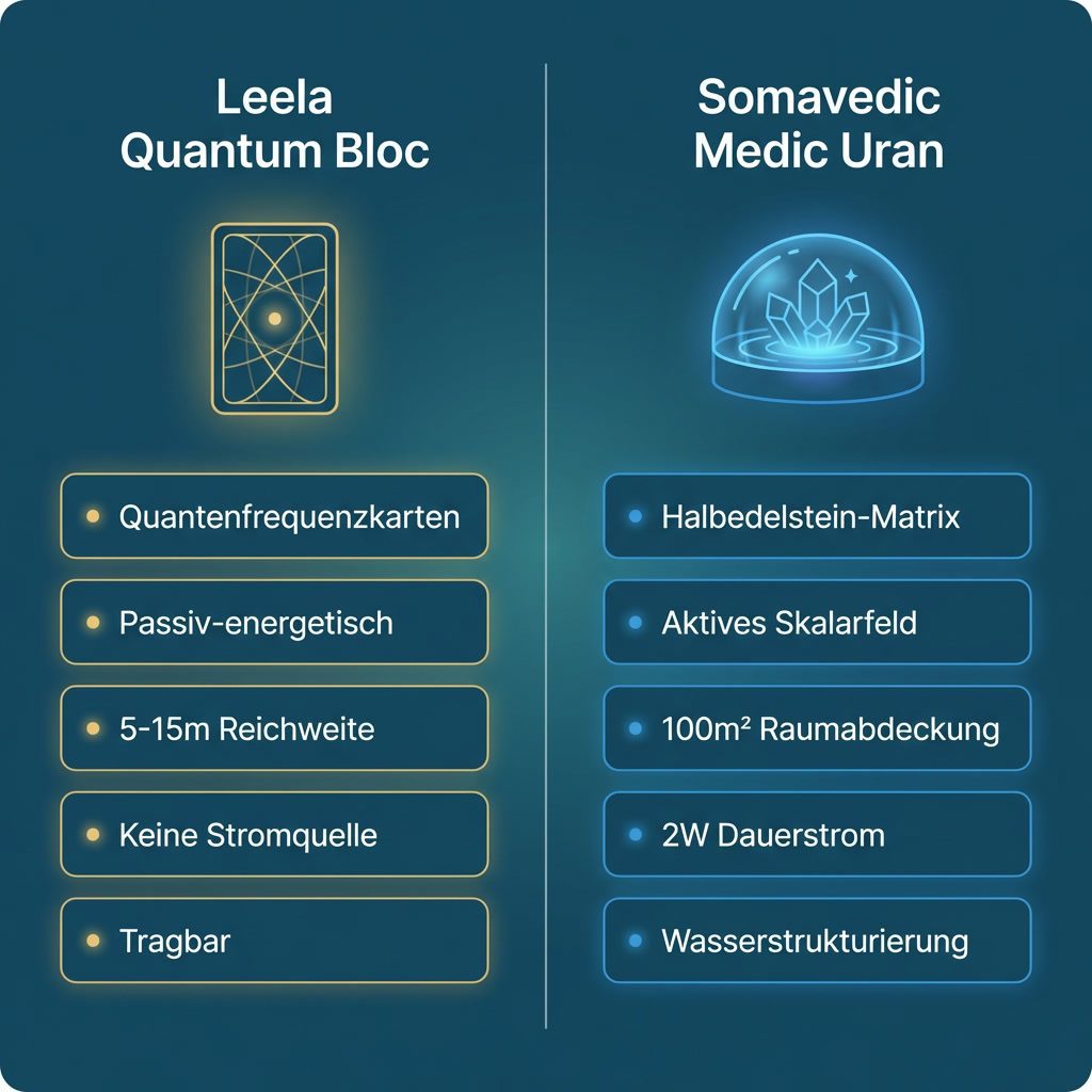 Infografik: Technologie-Vergleich zwischen Leela Quantum Bloc und Somavedic Medic Uran EMF-Schutzgeräten