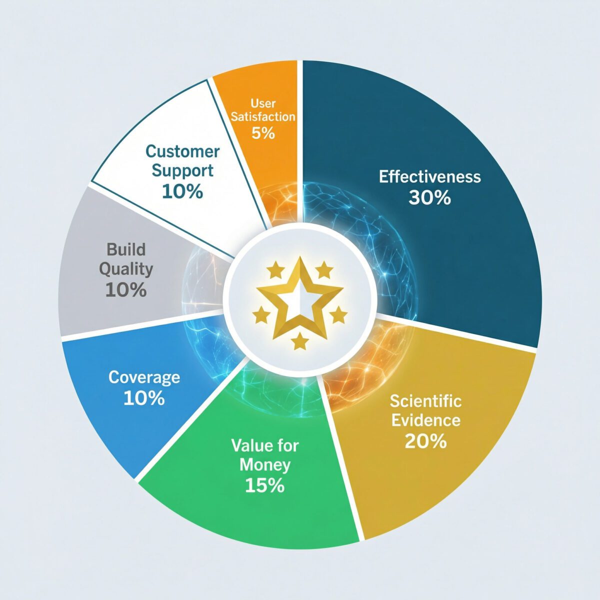 Weighted rating criteria diagram showing seven evaluation factors with percentages for EMF device reviews