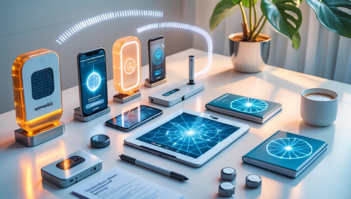 EMF protection devices comparison guide showing various EMF harmonizers and measurement tools on clean workspace