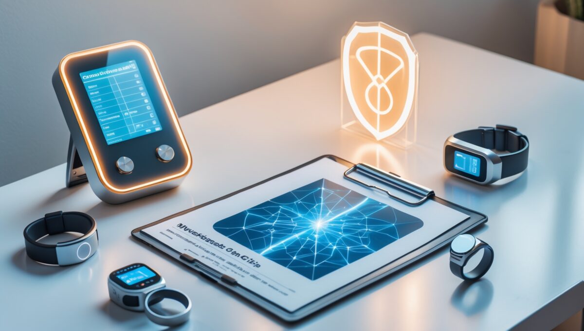 Schreibtisch‑Szene mit EMF‑Test‑Equipment und Checkliste „Unabhängige EMF‑Tests“ im Helvetic‑Harmony‑Look