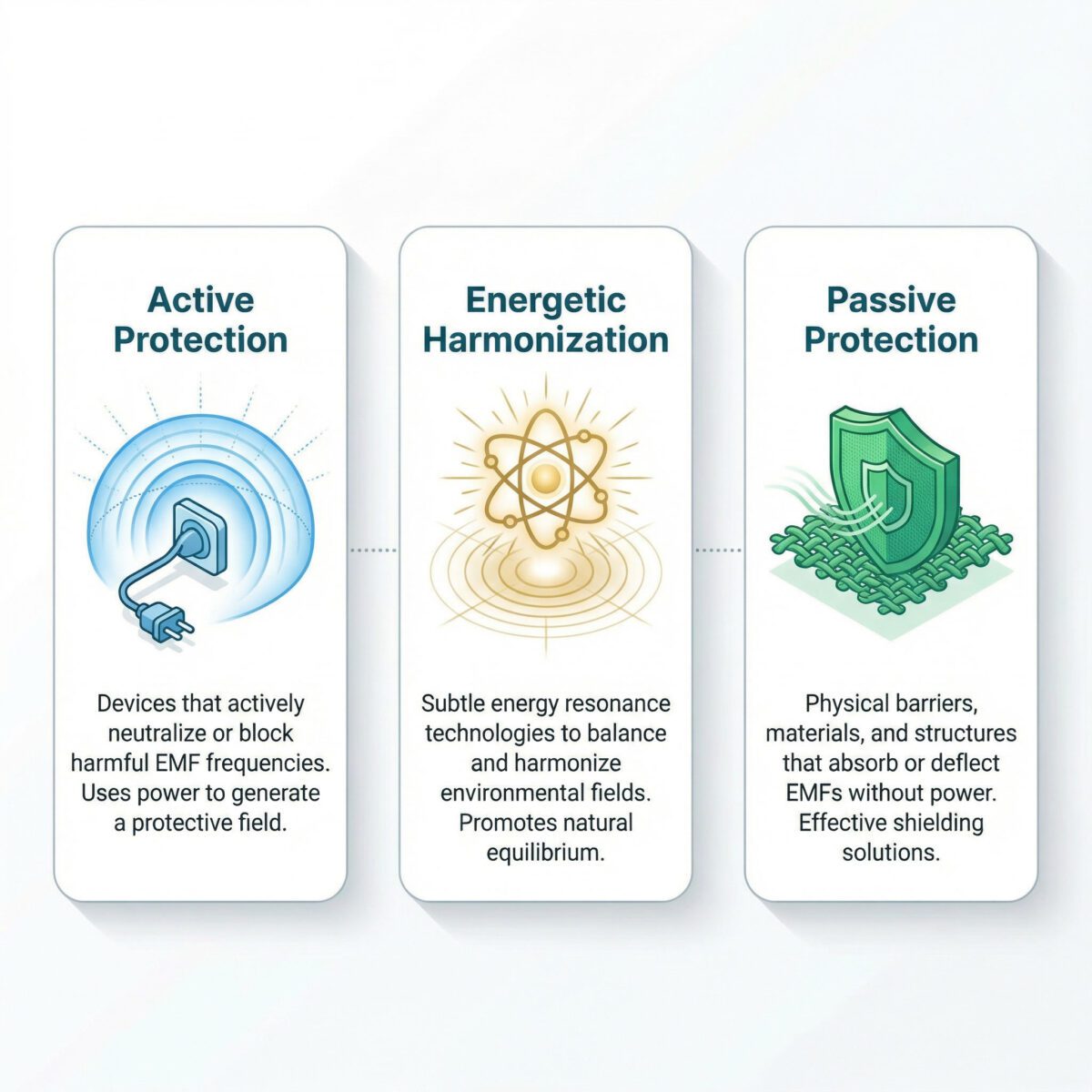 Infographic showing three types of EMF protection: active devices, energetic harmonization, and passive shielding with visual icons