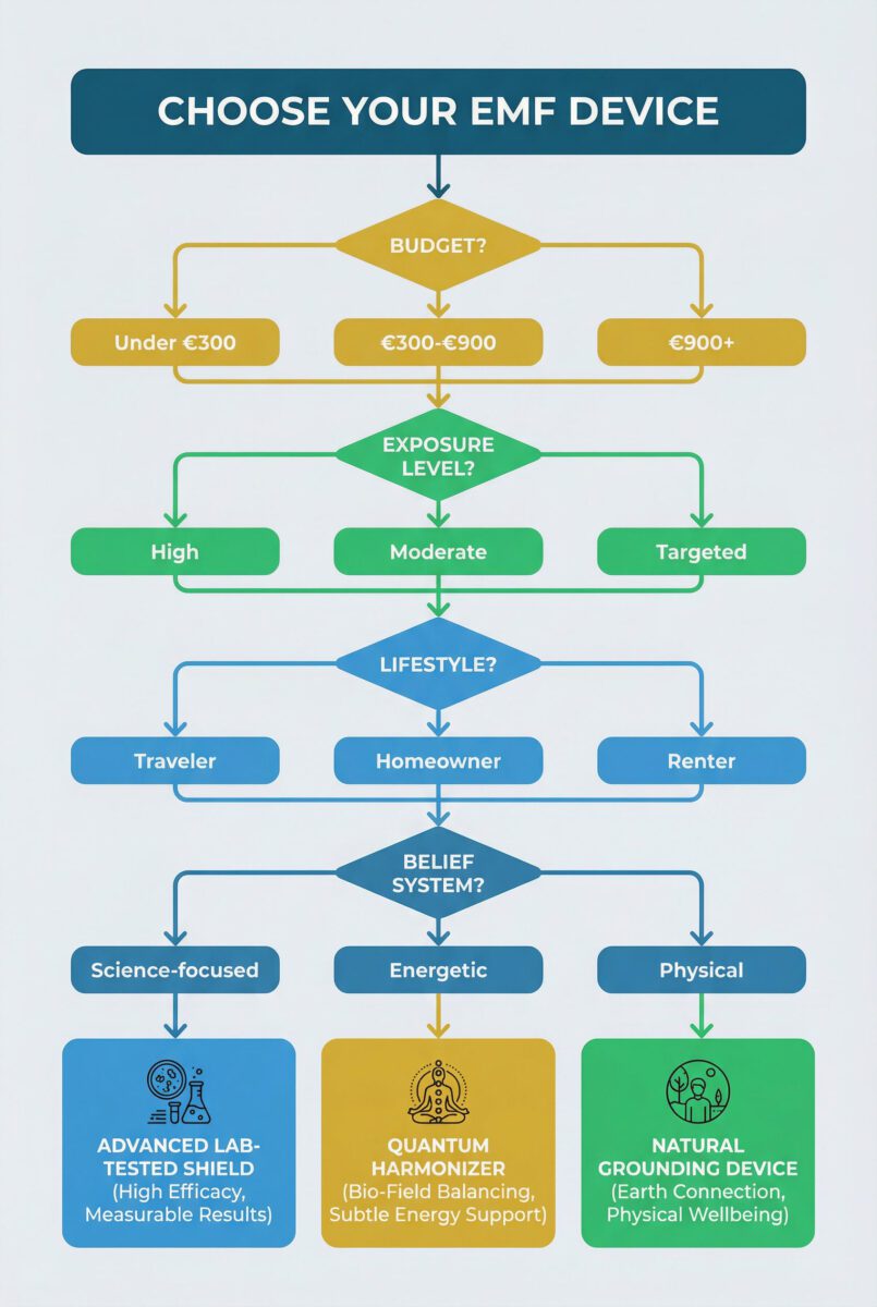 Decision tree flowchart helping users choose the right EMF protection device based on budget, exposure level, lifestyle and beliefs