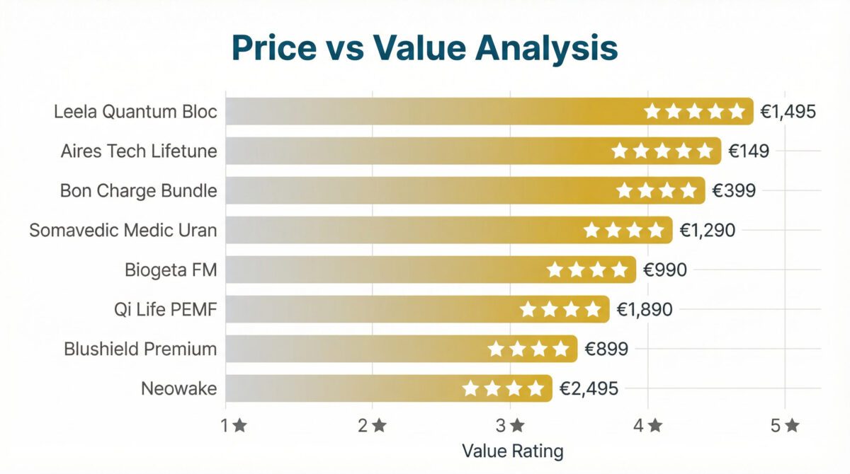 Price versus value comparison chart ranking EMF protection devices by cost-effectiveness and performance ratings
