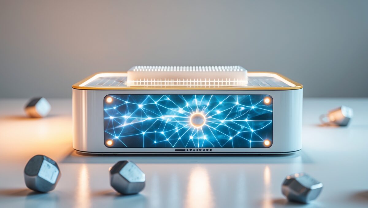 Apparecchio Qi-Home Cell protezione EMF tedesco su sfondo minimalista - test efficacia 2026