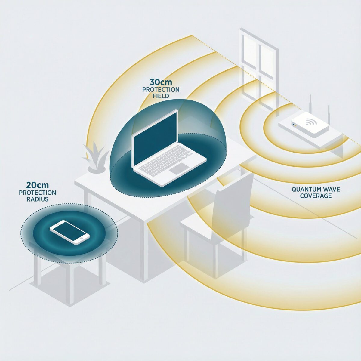 Isometric diagram showing Aires Tech protection zones for smartphone, laptop, and WiFi router with coverage radius indicators