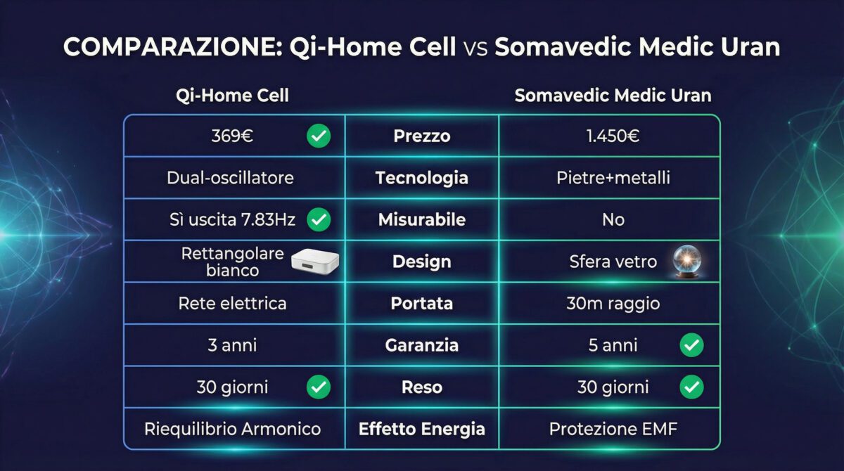 Tabella comparativa dettagliata Qi-Home Cell versus Somavedic: prezzo, tecnologia, portata e garanzie