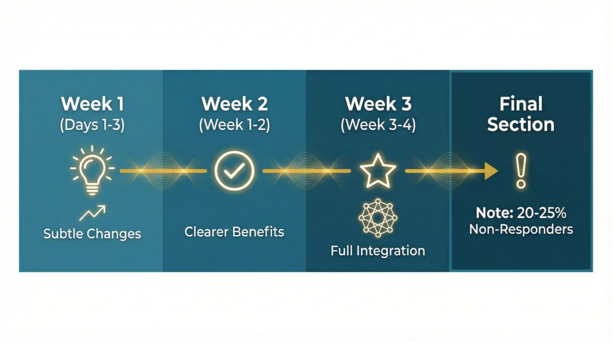 Timeline infographic showing Aires Tech effectiveness progression from Day 1 through Week 4 with expected benefits at each stage