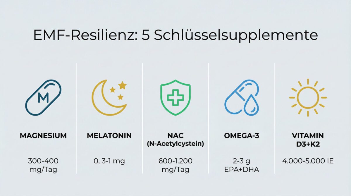 Fünf wichtige Nahrungsergänzungsmittel zur EMF-Resilienz mit empfohlener Dosierung: Magnesium, Melatonin, NAC, Omega-3 und Vitamin D3+K2