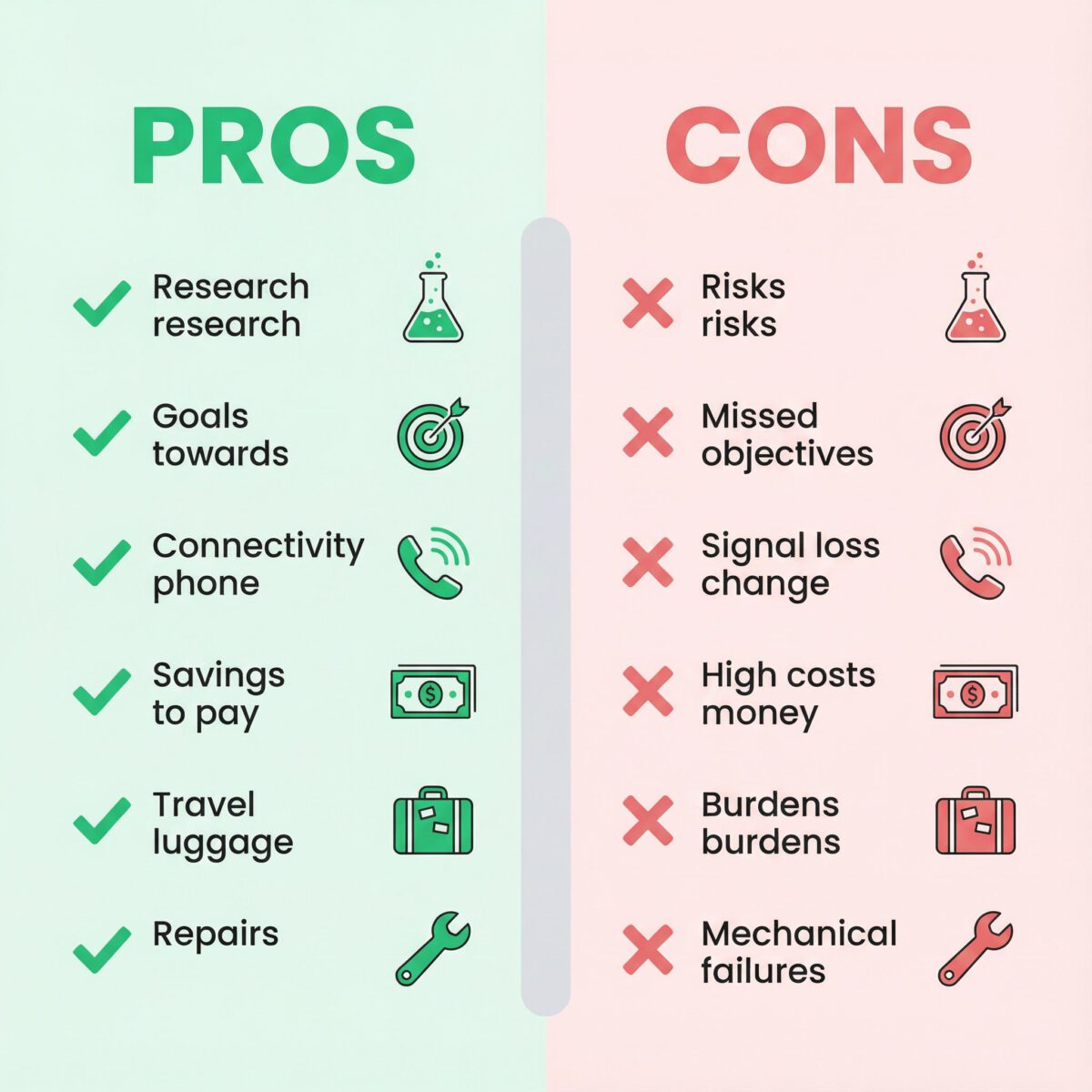Visual comparison infographic showing Aires Tech advantages and disadvantages with checkmarks and X-marks in organized layout
