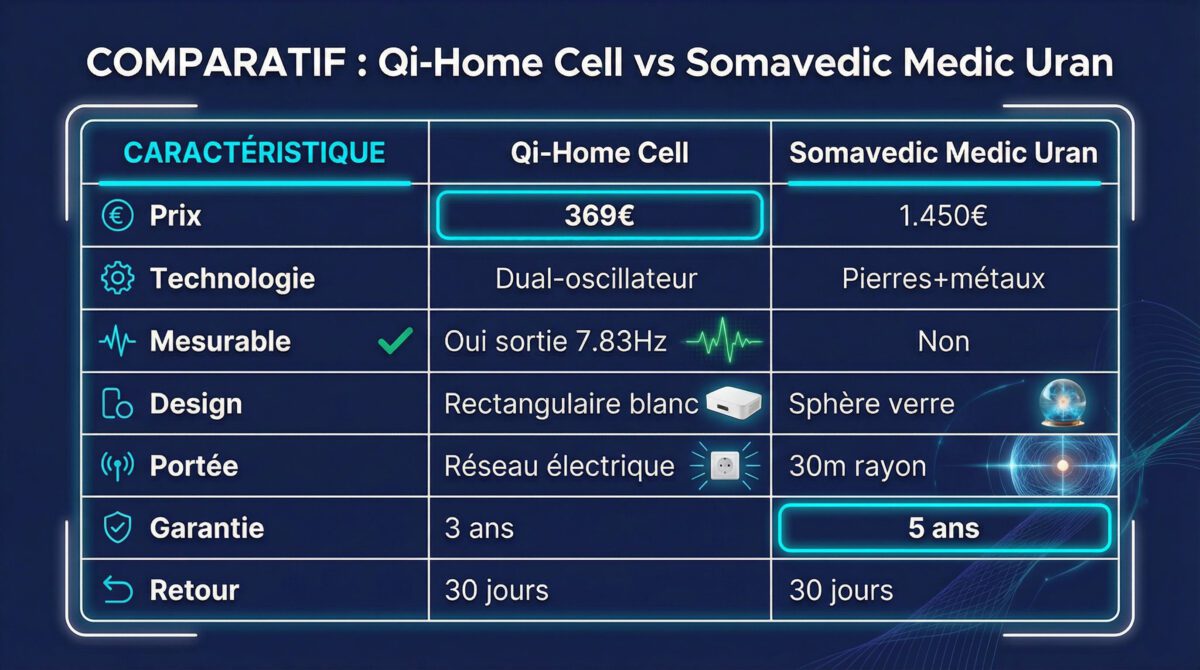 Tableau comparatif détaillé Qi-Home Cell versus Somavedic : prix, technologie, portée et garanties