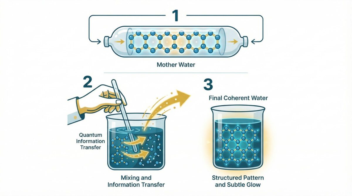 Three-step infographic showing how Analemma water wand transfers quantum coherence from mother water to regular drinking water