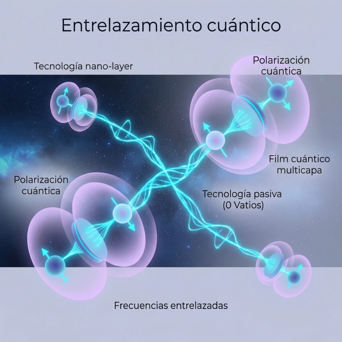 Esquema entrelazamiento cuántico Leela: tecnología nano-layer y polarización