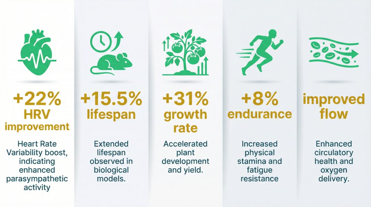 Summary infographic of five peer-reviewed scientific studies showing Analemma water benefits including HRV, longevity, plant growth, athletic performance, and blood flow improvements