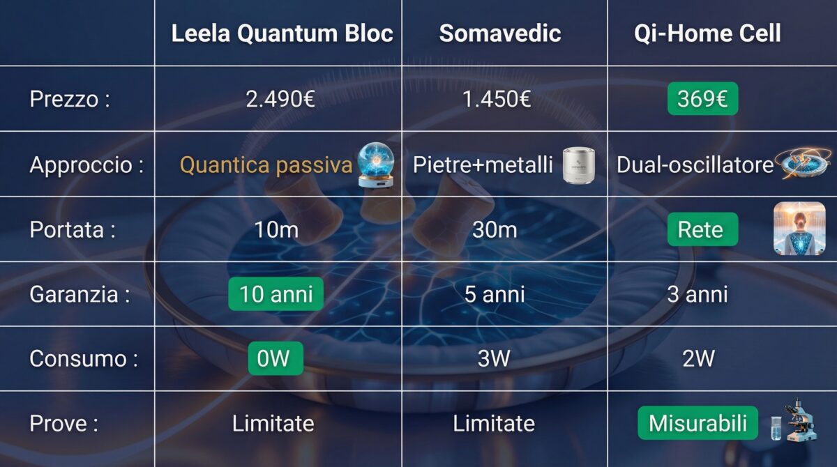 Matrice di confronto: Leela Quantum Bloc, Somavedic e Qi-Home Cell su 6 criteri essenziali
