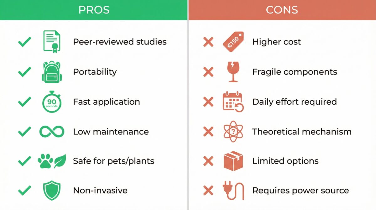Pros and cons infographic comparing advantages and disadvantages of Analemma water structuring wand with visual icons