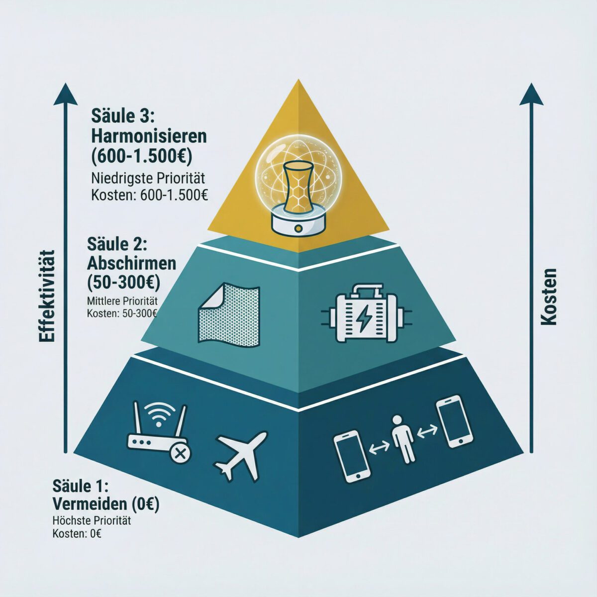Pyramidendiagramm der drei EMF-Schutz Säulen: Vermeiden, Abschirmen und Harmonisieren mit Kosten und Prioritäten