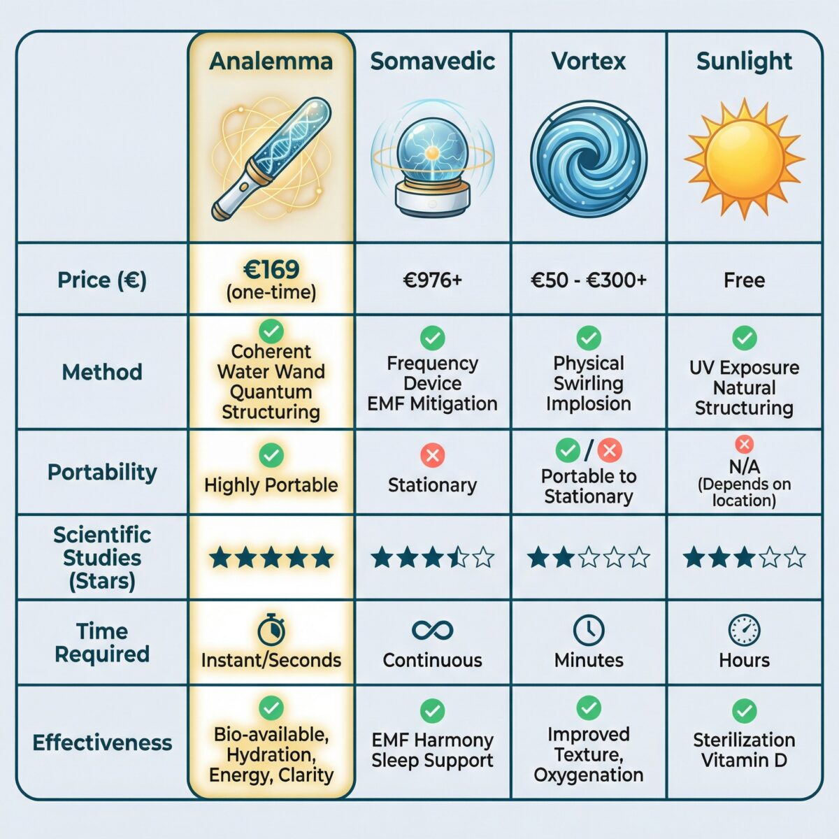 Comparison table infographic showing Analemma water wand versus alternative water structuring methods including Somavedic, vortex devices, and sunlight method