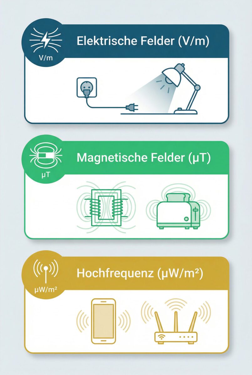 Infografik erklärt drei Arten elektromagnetischer Felder: elektrische Felder, magnetische Felder und hochfrequente Wellen mit Quellen und Maßeinheiten