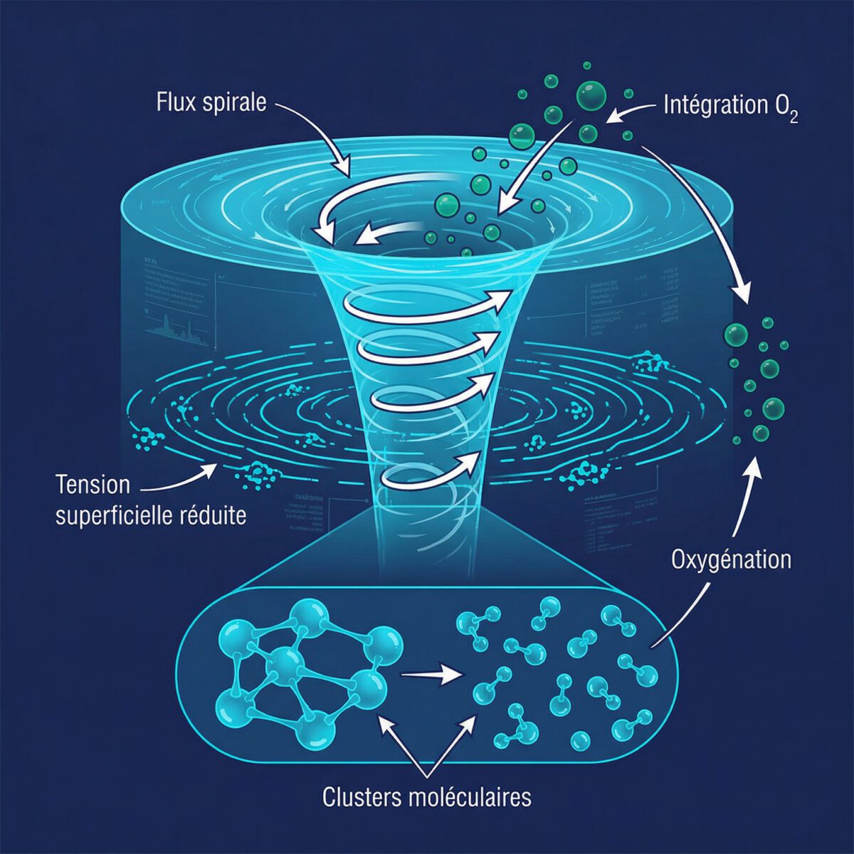 Schéma scientifique du tourbillon d'eau Mayu Swirl : flux spiralé, oxygénation et tension superficielle