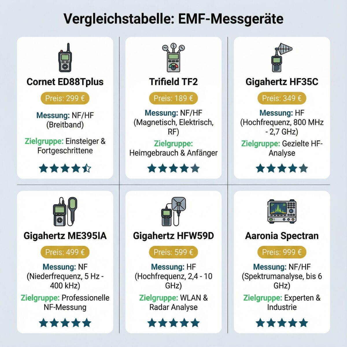 Vergleichsdiagramm der 6 besten EMF-Messgeräte 2026 mit Preisen, Funktionen und Empfehlungen für verschiedene Nutzergruppen