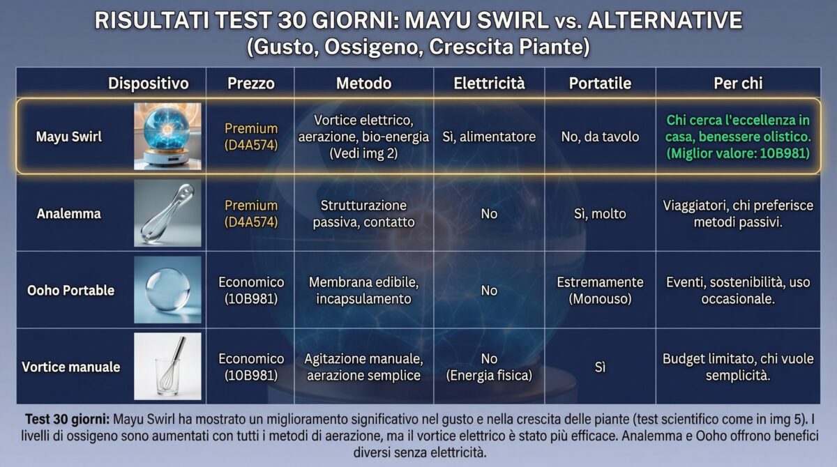 Confronto Mayu Swirl con Analemma, Ooho e metodo manuale