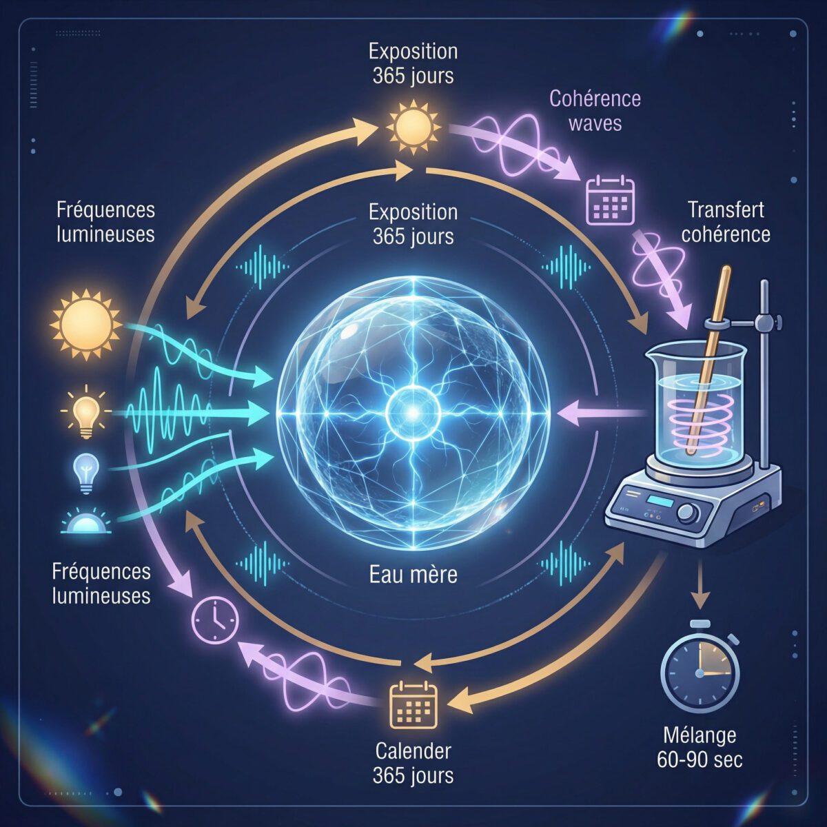 Processus de création de l'eau mère Analemma : exposition aux fréquences pendant 365 jours