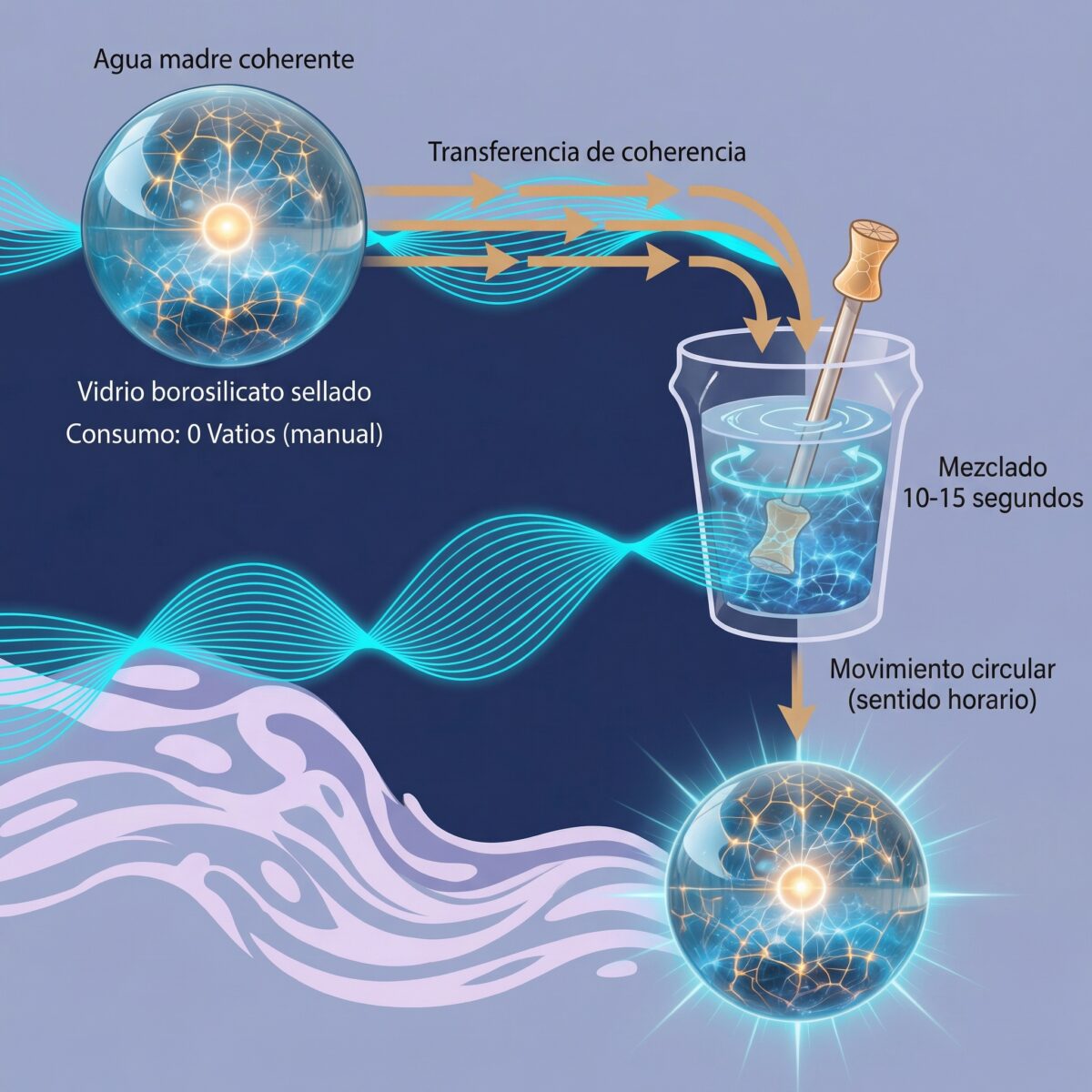 Esquema transferencia coherencia Analemma: agua madre y proceso mezclado