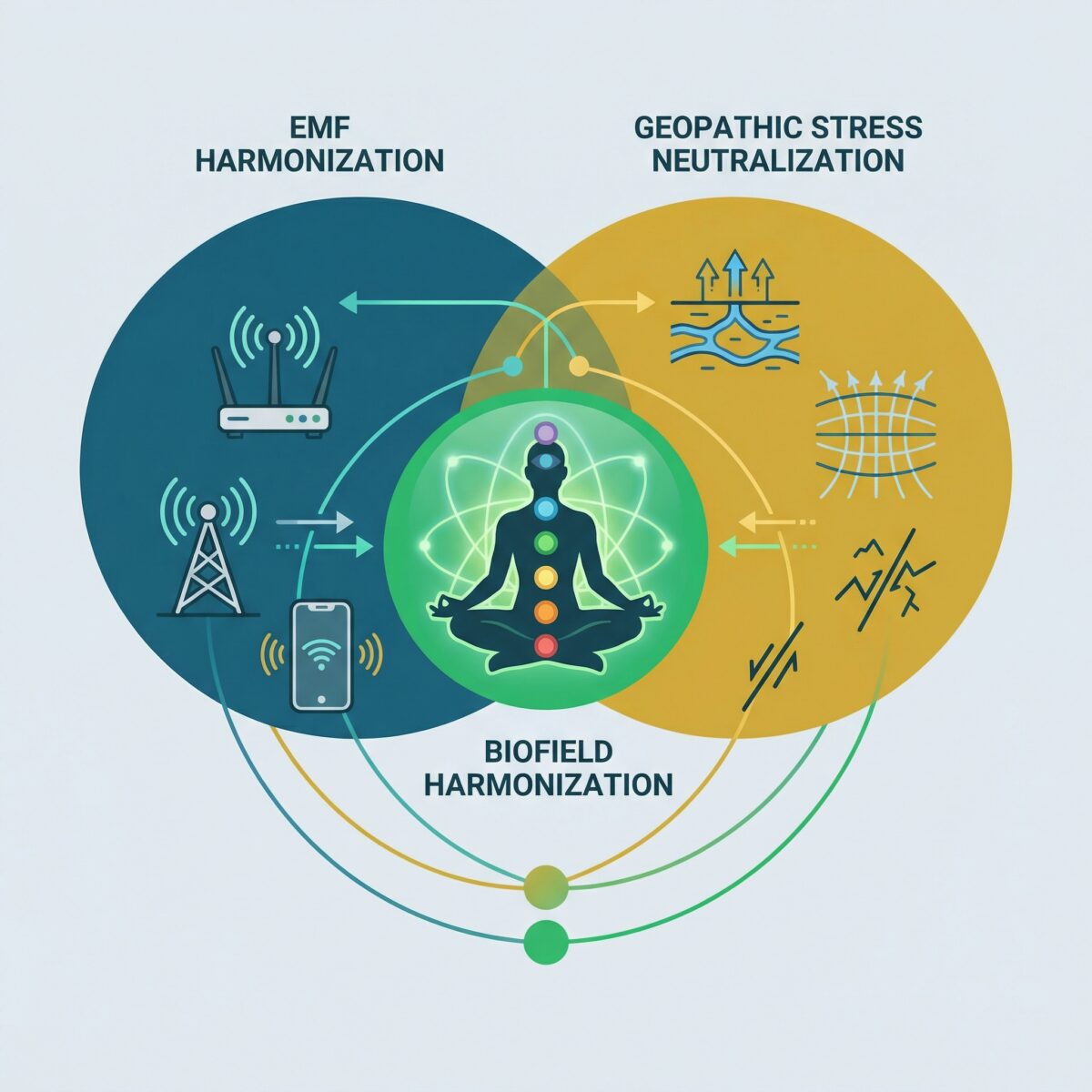 Diagram illustrating Biogeta's dual-frequency technology addressing both artificial EMF and natural geopathic stress simultaneously