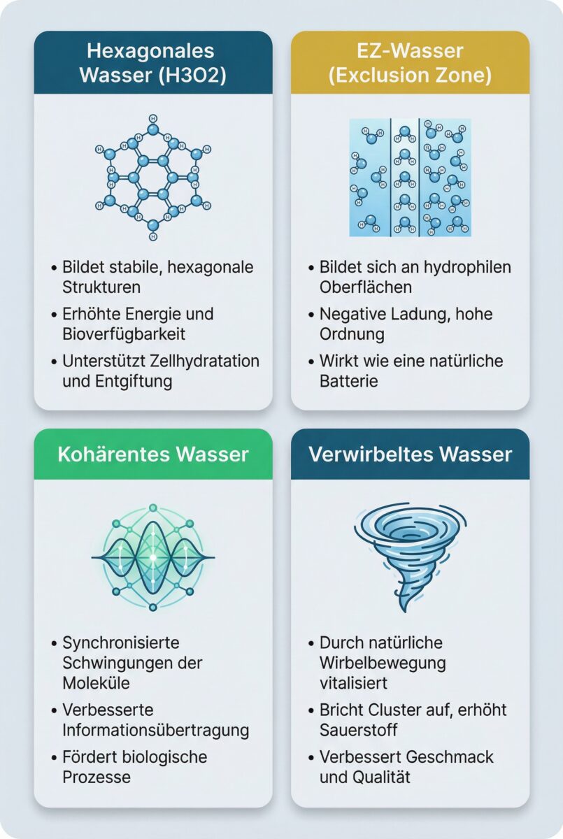 Infografik zeigt vier Arten von strukturiertem Wasser: Hexagonales Wasser, EZ-Wasser, Kohärentes Wasser und verwirbeltes Wasser