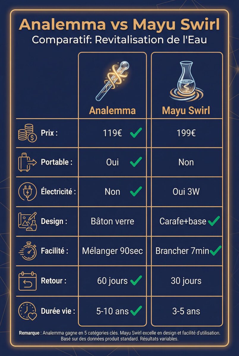 Comparaison détaillée Analemma versus Mayu Swirl : prix, portabilité, électricité et facilité d'usage