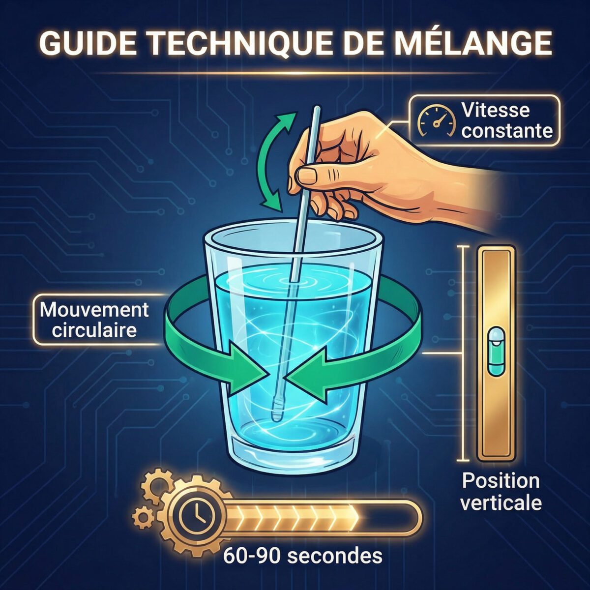 Guide visuel de la technique de mélange optimale avec le bâton Analemma : mouvement circulaire 60-90 secondes