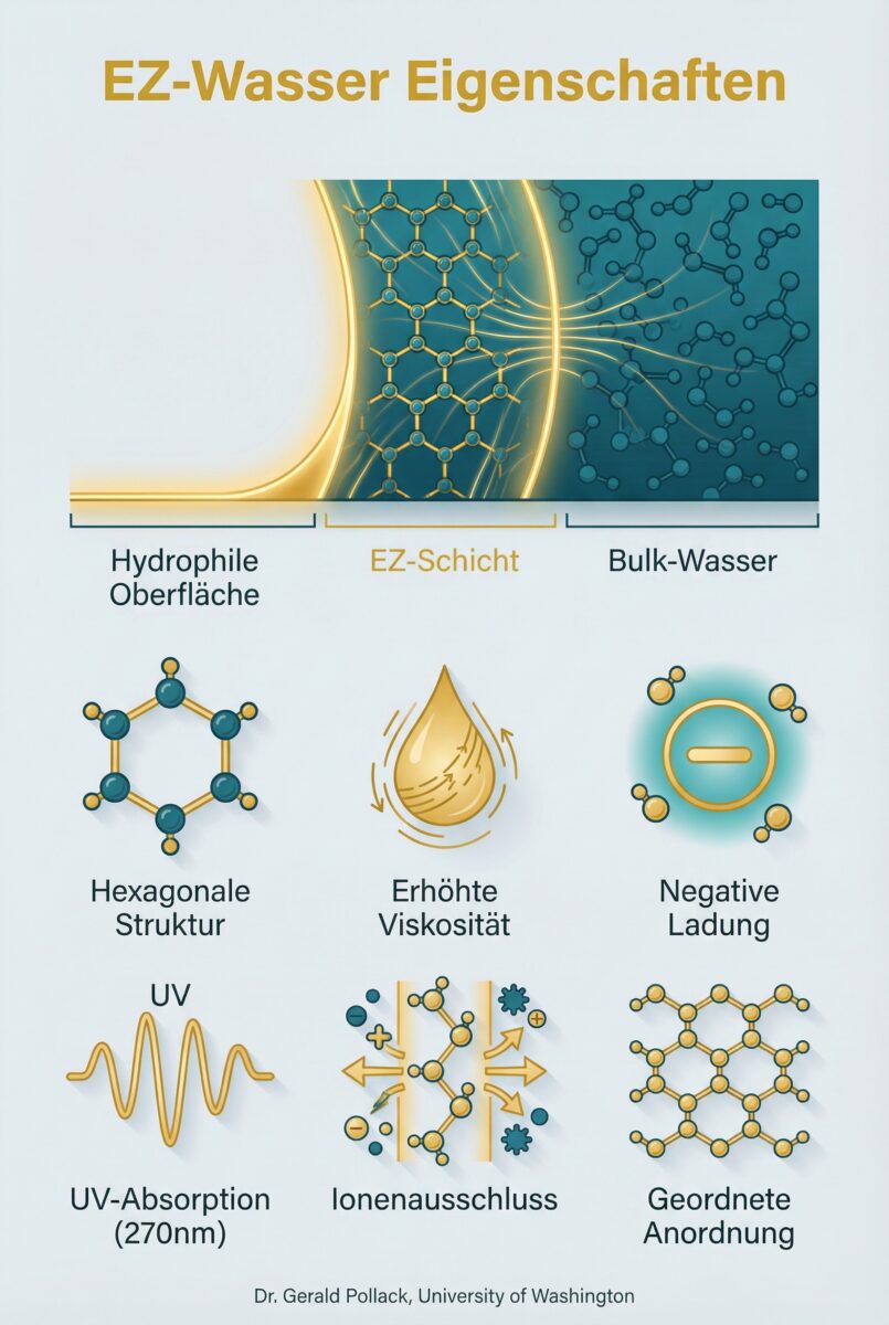Infografik erklärt EZ-Wasser Eigenschaften mit Darstellung der Exclusion Zone und wissenschaftlichen Merkmalen