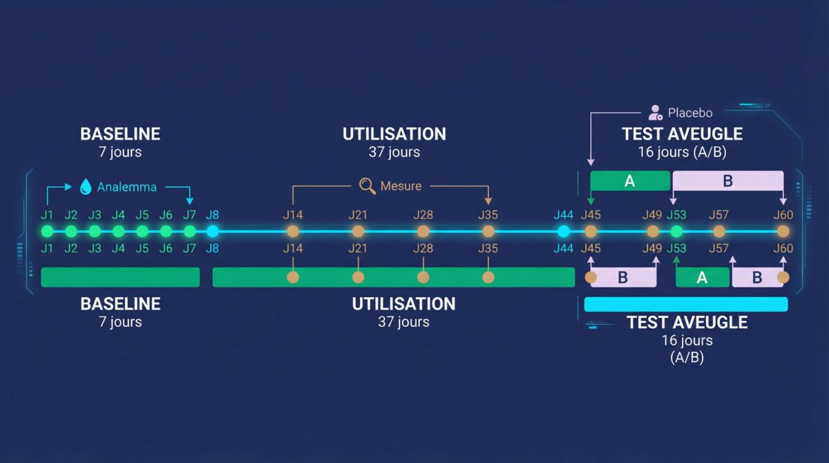 Protocole de test à l'aveugle sur 60 jours pour Analemma avec alternance vrai bâton et placebo