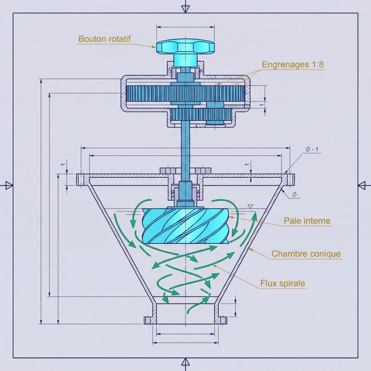 Schéma technique du mécanisme de vortex manuel Ooho : système d'engrenages et pale interne